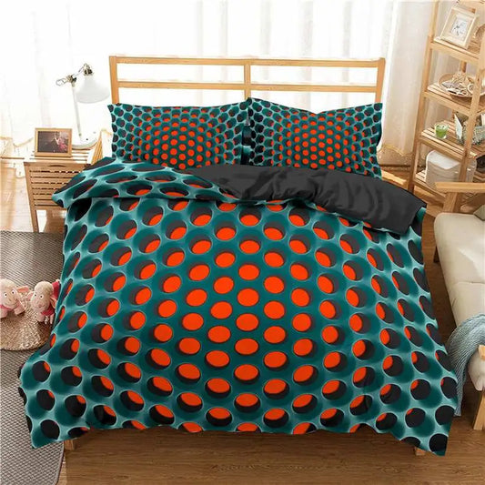 Polka dot bedding set on a bed in a bedroom