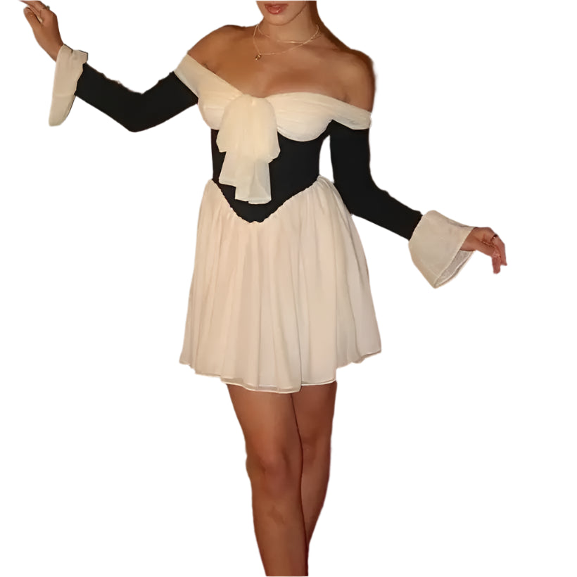 Off-Shoulder Long Flare Sleeve Pleated Dress @chichicmart