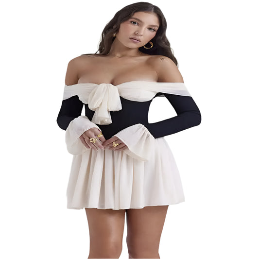 Off-Shoulder Long Flare Sleeve Pleated Dress @chichicmart