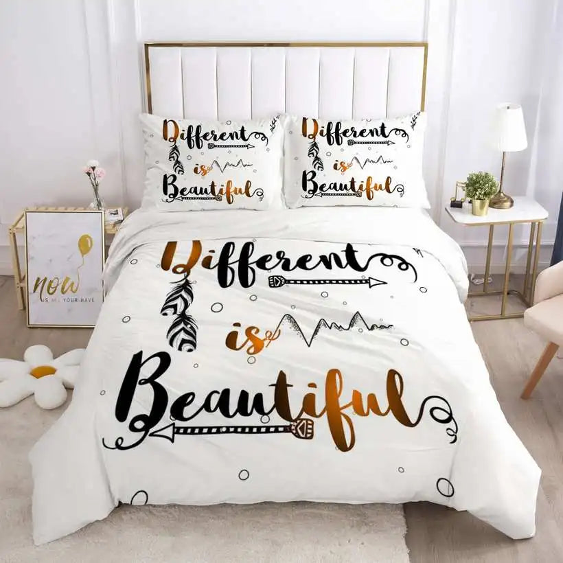Bedding set with 'Different is Beautiful' text in a bedroom setting