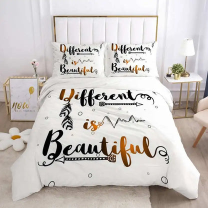 Bedding set with 'Different is Beautiful' text in a bedroom setting