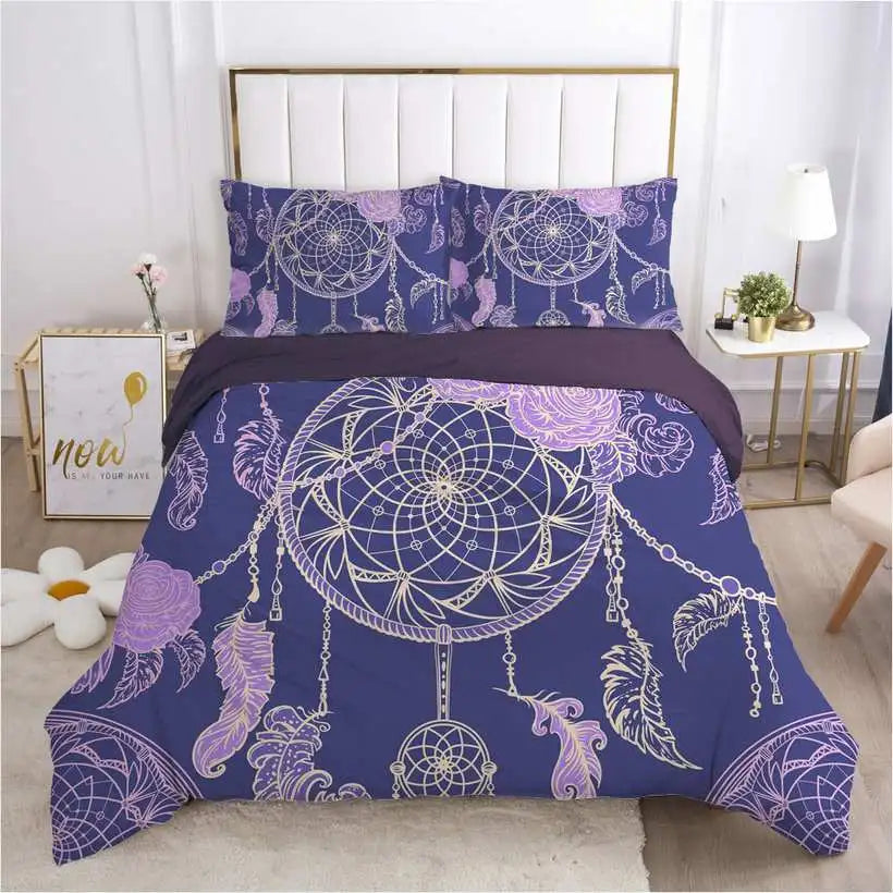 Purple and white dreamcatcher bedding set on a bed in a bedroom.