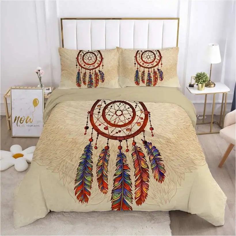 Dreamcatcher design bedding set on a bed in a bedroom setting.