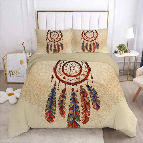 Dreamcatcher design bedding set on a bed in a bedroom setting.