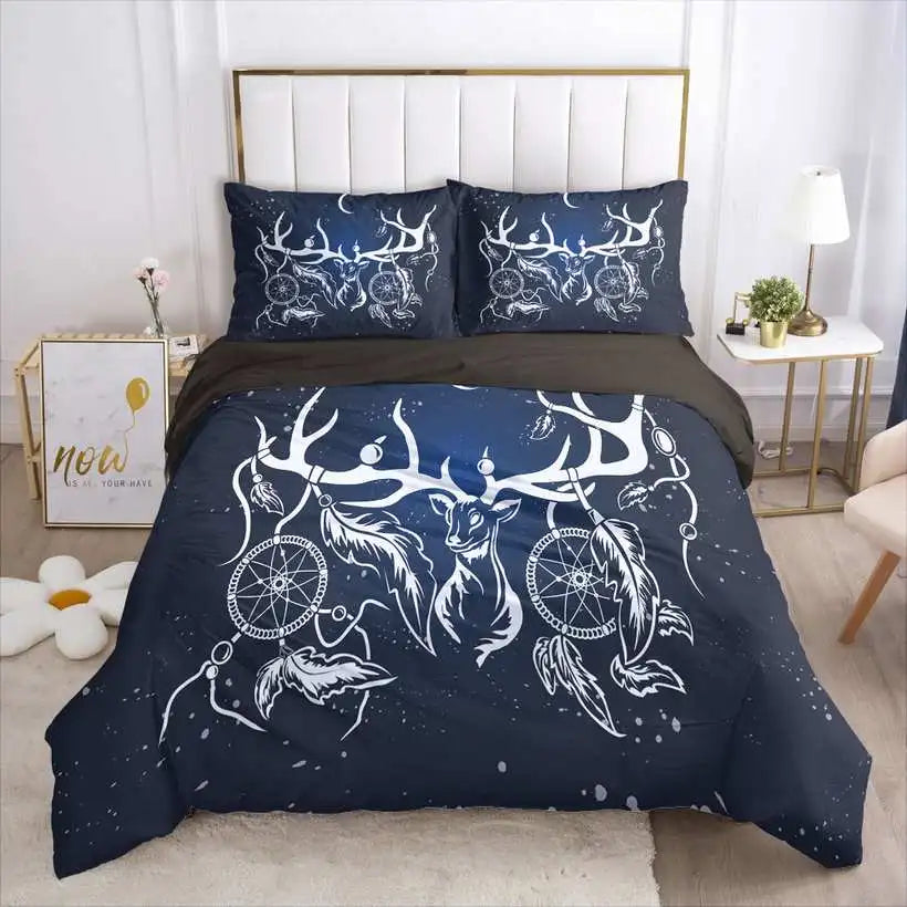 Navy blue bedding set with deer and dreamcatcher design on a bed in a bedroom.