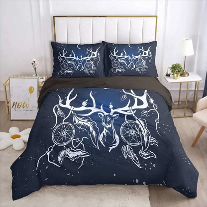 Navy blue bedding set with deer and dreamcatcher design on a bed in a bedroom.