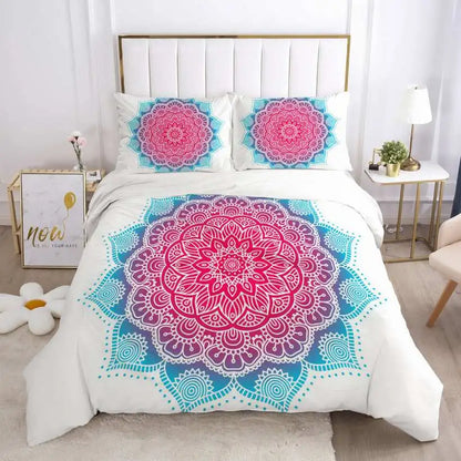 Bedding set with pink and blue mandala design on a bed in a bedroom.