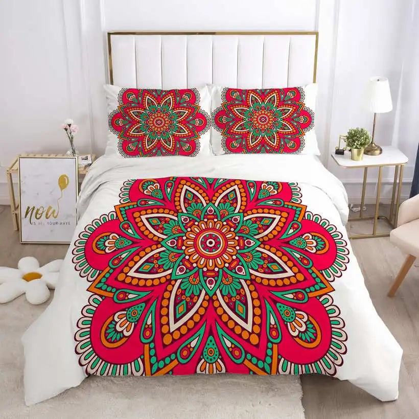 Bed with colorful mandala design bedding in a bedroom setting.