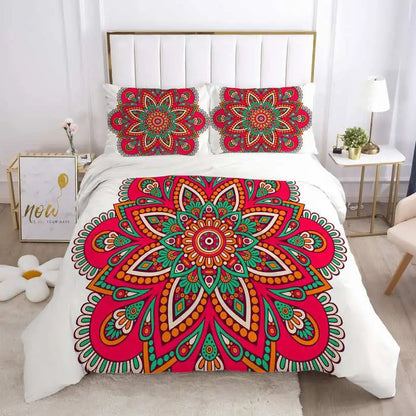 Bed with colorful mandala design bedding in a bedroom setting.