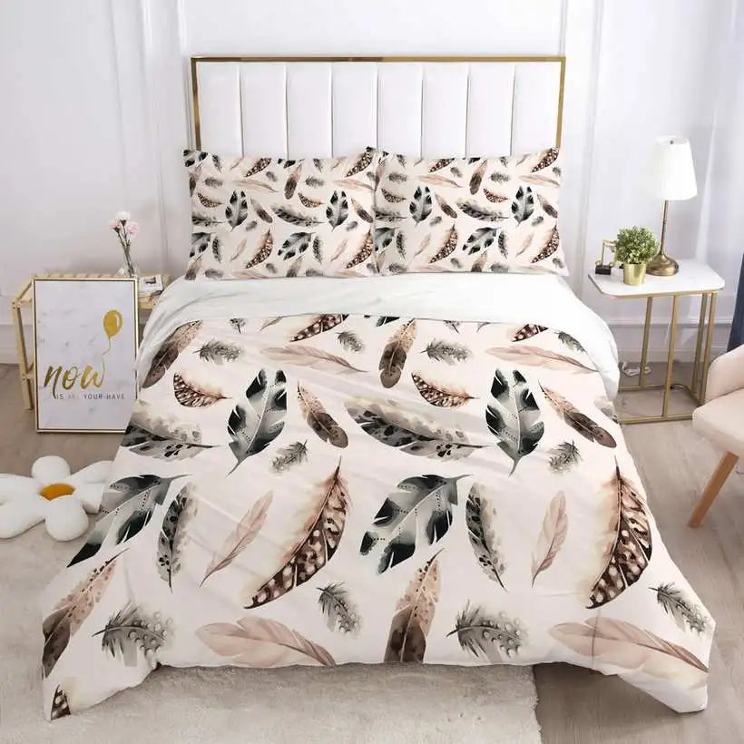 Bed with feather-patterned bedding in a bedroom setting