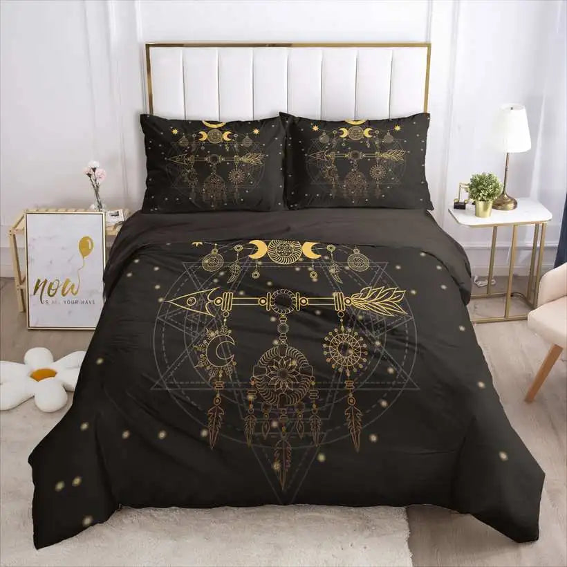 Black bedding set with gold geometric patterns on a bed in a bedroom.