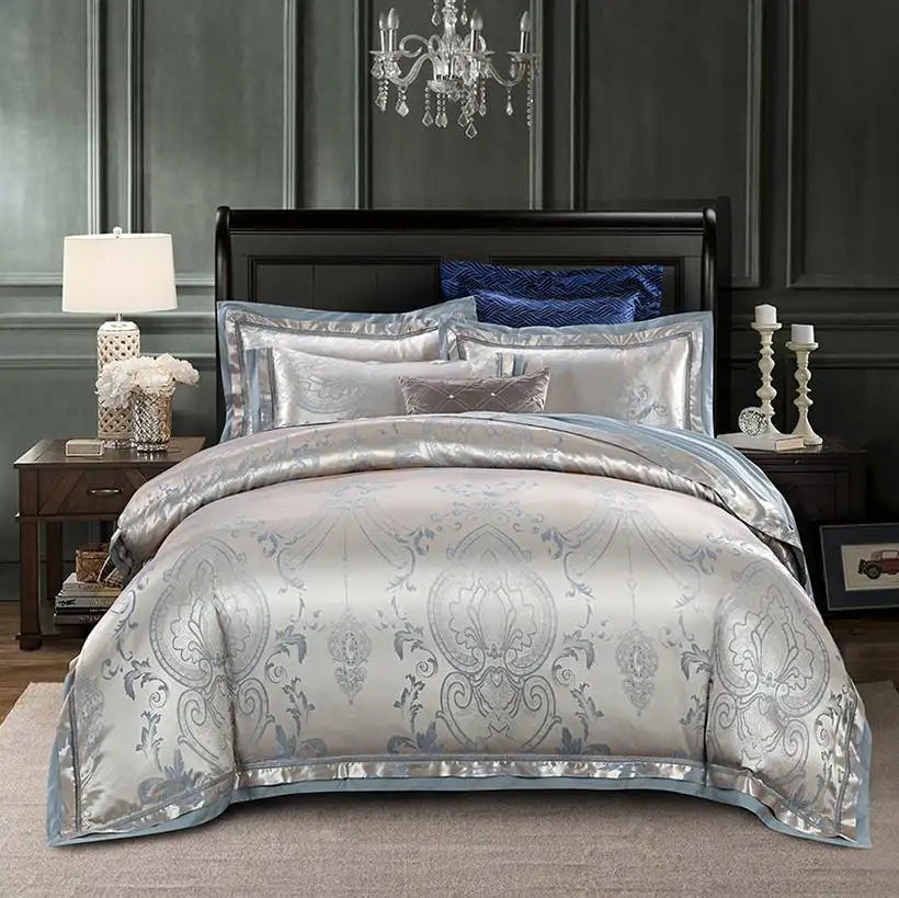 Decorative bedspread with intricate patterns in a bedroom setting.