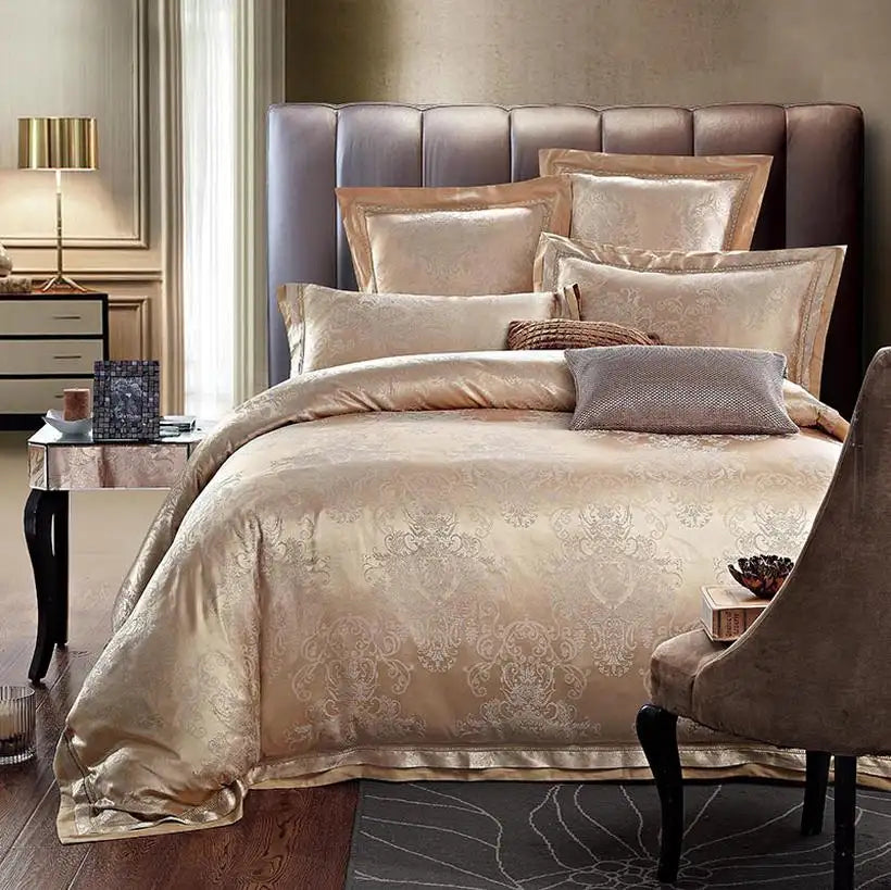 Luxurious bedroom with a bed covered in beige patterned bedding and pillows.