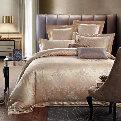 Luxurious bedroom with a bed covered in beige patterned bedding and pillows.