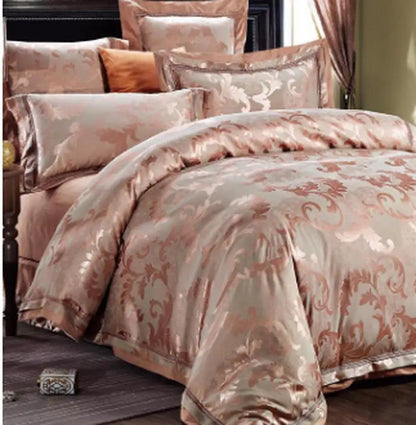 Luxurious bedspread with floral pattern on a bed in a bedroom setting.