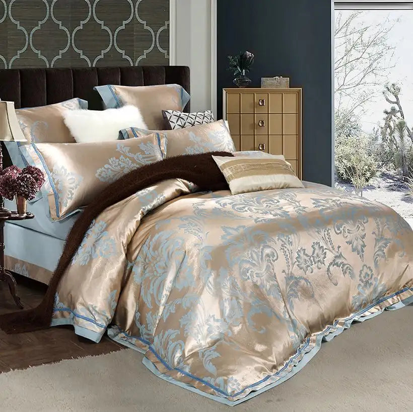 Decorative bedspread with intricate patterns in a bedroom setting