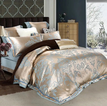 Decorative bedspread with intricate patterns in a bedroom setting