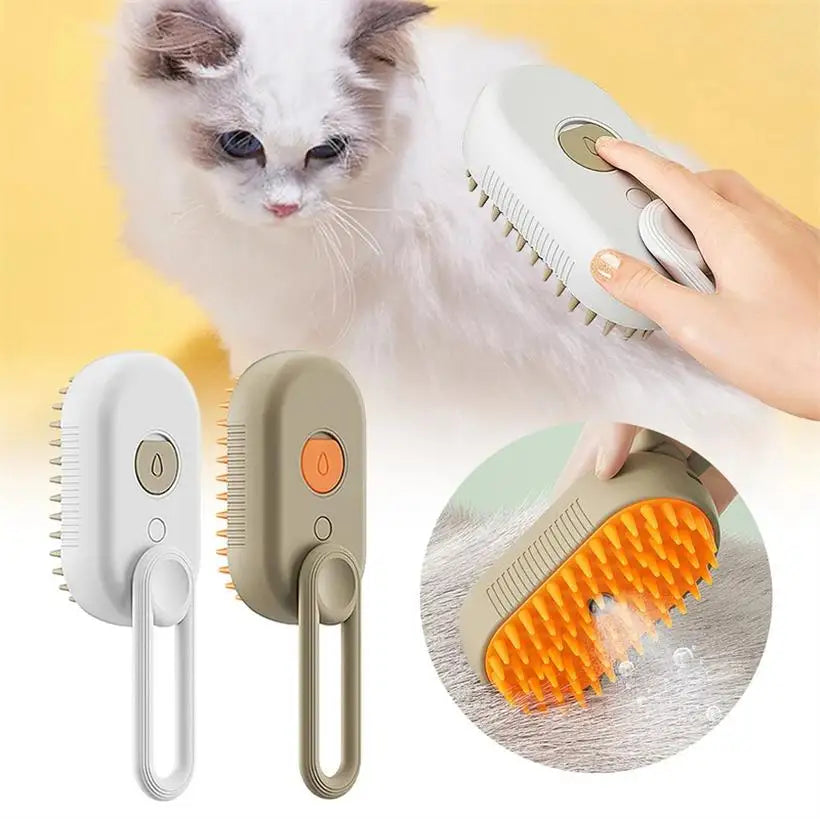 Cat being brushed with a grooming tool against a yellow background @chichicmart