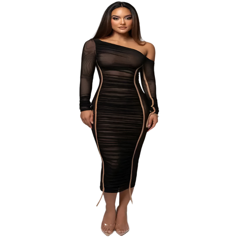Diagonal Collar Long Sleeve Backless Bodycon Party Dress @chichicmart
