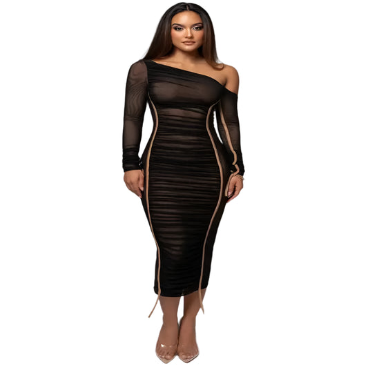 Diagonal Collar Long Sleeve Backless Bodycon Party Dress @chichicmart