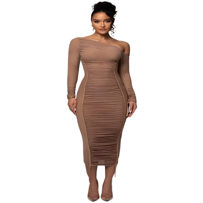 Diagonal Collar Long Sleeve Backless Bodycon Party Dress @chichicmart