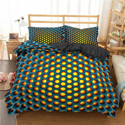 Bed with a unique patterned comforter in a bedroom setting
