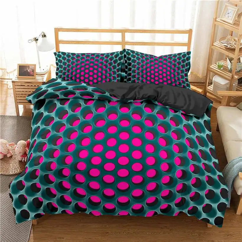 Polka dot bedding set on a bed in a bedroom with furniture and decor.