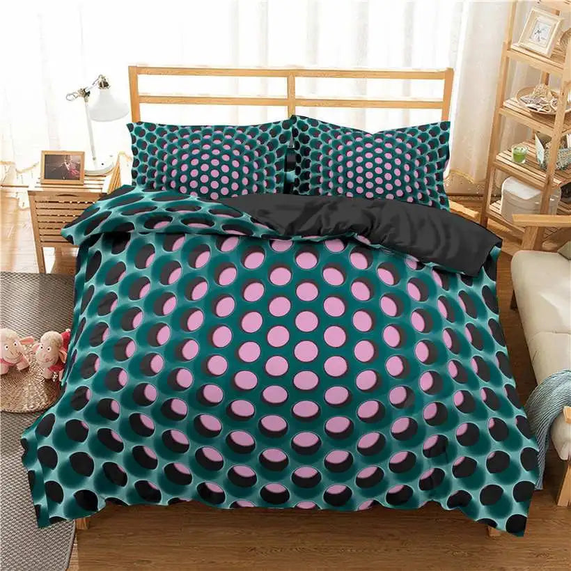 Polka dot bedding set on a bed in a bedroom setting
