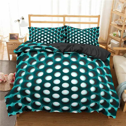 Teal and black polka dot bedding set on a bed in a bedroom.