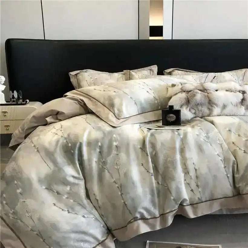 Neatly made bed with patterned bedding in a bedroom setting