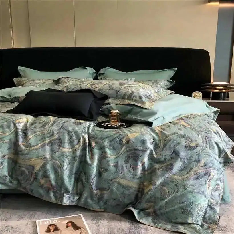 Luxurious bed with patterned bedding and decorative pillows in a modern bedroom setting.