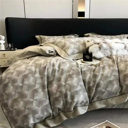Bed with patterned bedding and pillows in a bedroom setting