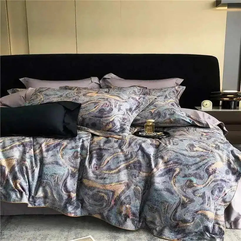 Bed with light green bedding and decorative pillows in a bedroom setting.