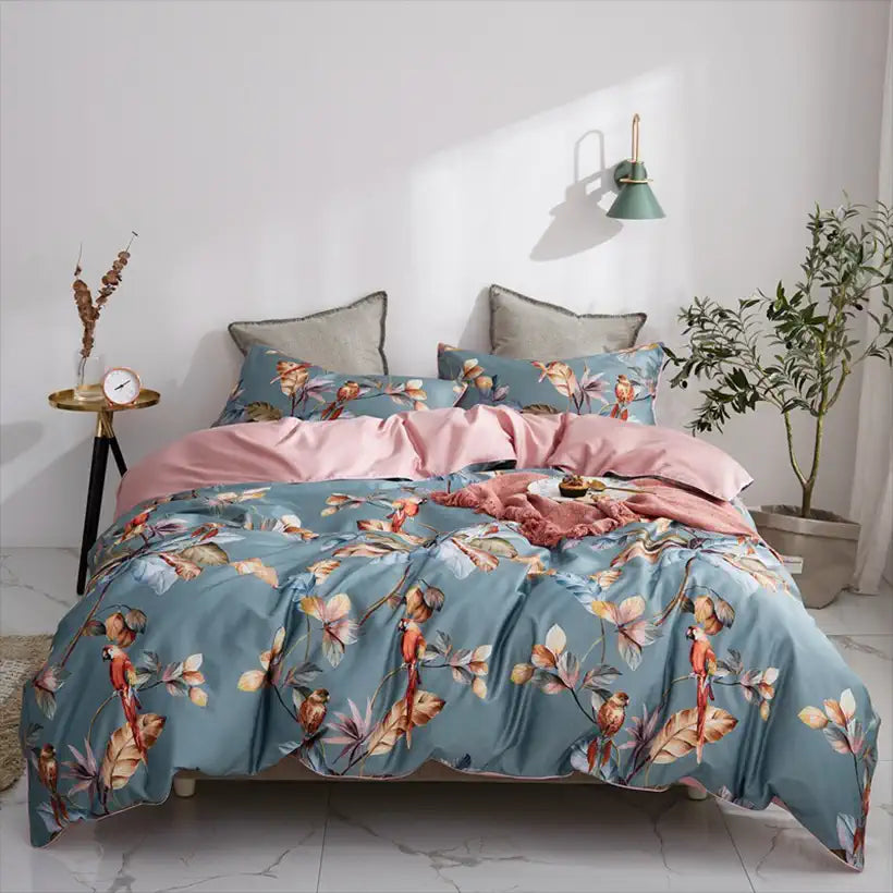 Bed with floral bedding in a bright bedroom setting