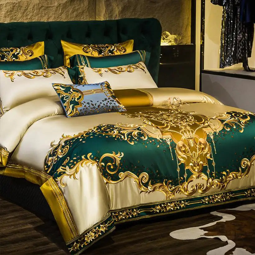 Luxurious bed with gold and green bedding in a bedroom setting.