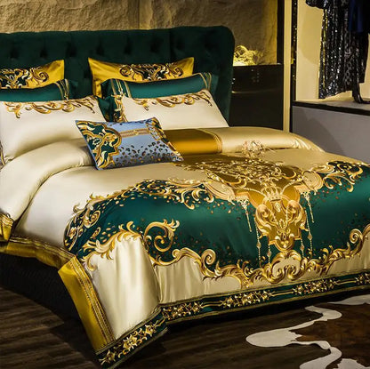 Luxurious bed with gold and green bedding in a bedroom setting.