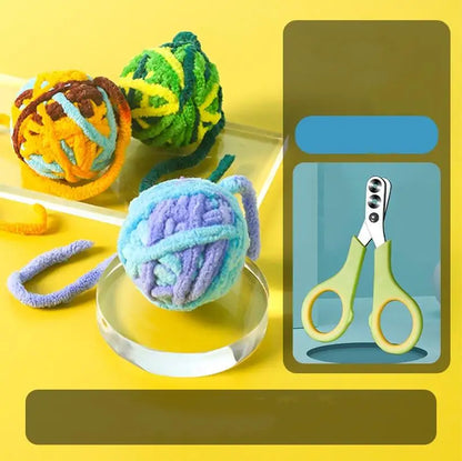 Colorful yarn balls on a yellow background with a pair of green scissors inset. @chichicmart