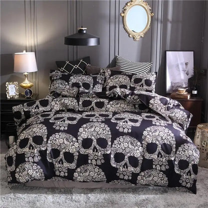 Bedding set with skull pattern in a bedroom setting