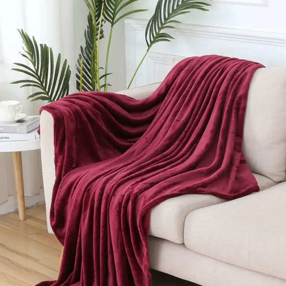 Red blanket draped over a white sofa in a living room with plants and a side table.
