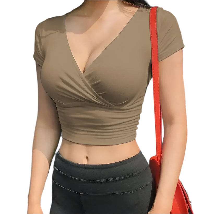 Women's Black V-Neck Short Sleeve Crop Top @chichicmart
