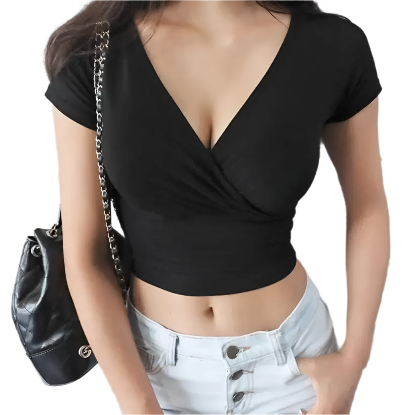 Women's Black V-Neck Short Sleeve Crop Top @chichicmart
