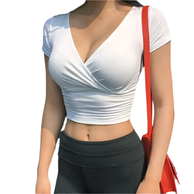 Women's Black V-Neck Short Sleeve Crop Top @chichicmart