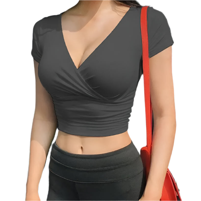 Women's Black V-Neck Short Sleeve Crop Top @chichicmart