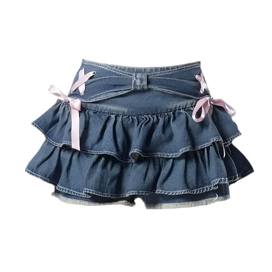 Women's Blue Denim Pleated A-Line Skirt @chichicmart