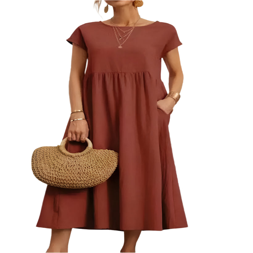 Women's Elegant Short Sleeve O-Neck Cotton Linen Maxi Dress @chichicmart
