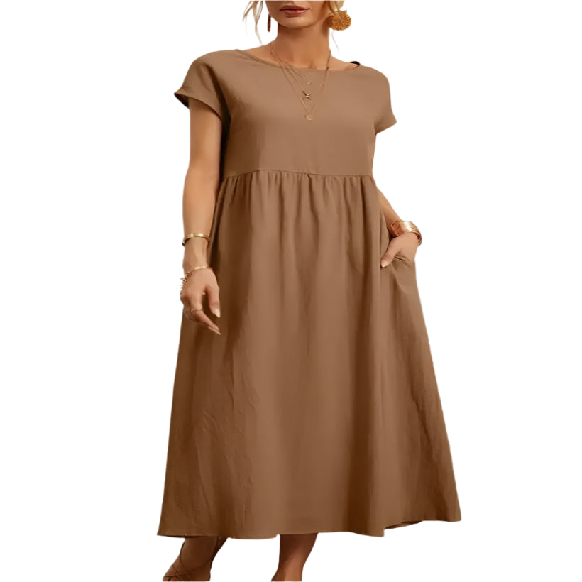 Women's Elegant Short Sleeve O-Neck Cotton Linen Maxi Dress @chichicmart