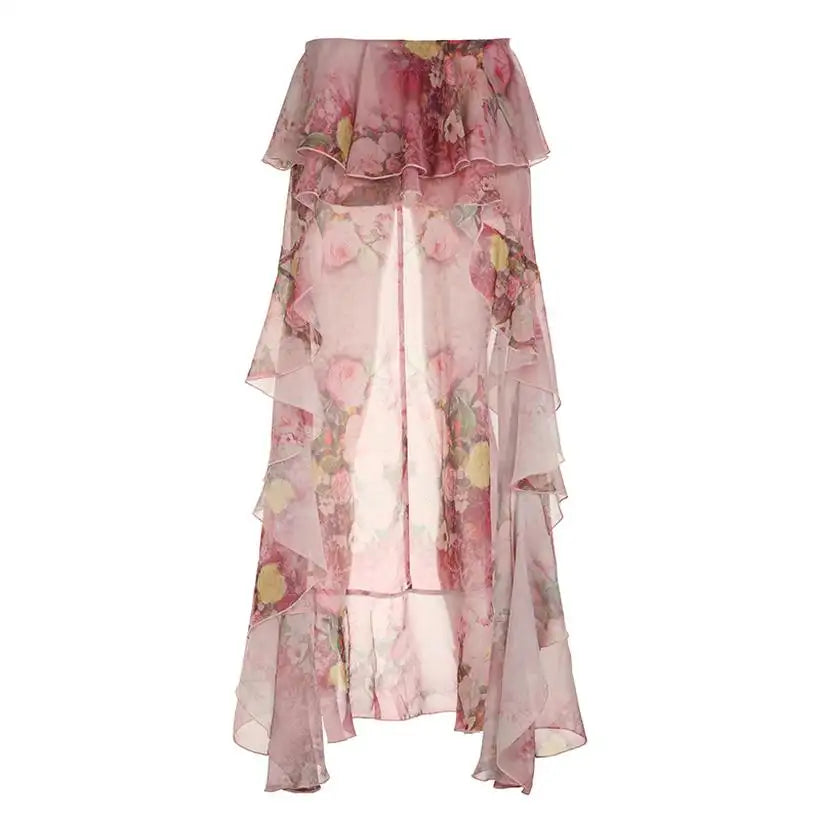 Women's Floral Print Ruffle Skirt with Semi-Sheer Design @chichicmart