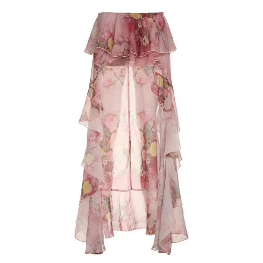 Women's Floral Print Ruffle Skirt with Semi-Sheer Design @chichicmart