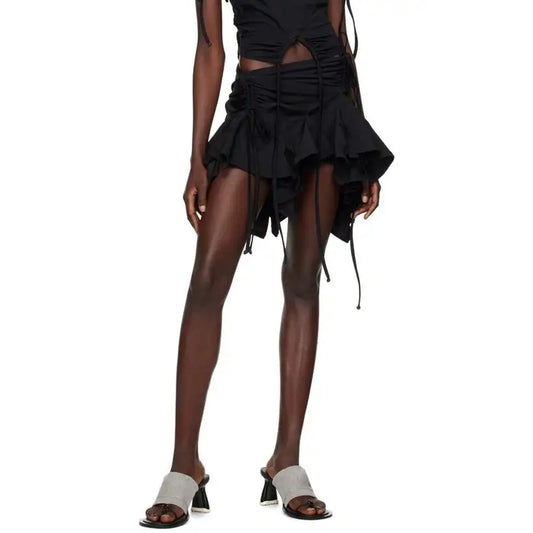 Women's Gothic Punk Drawstring Ruched Ruffle Mini Skirt @chichicmart