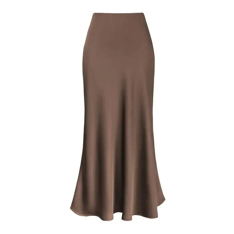 Women's High-Waisted Faux Silk Satin Fishtail Maxi Skirt @chichicmart
